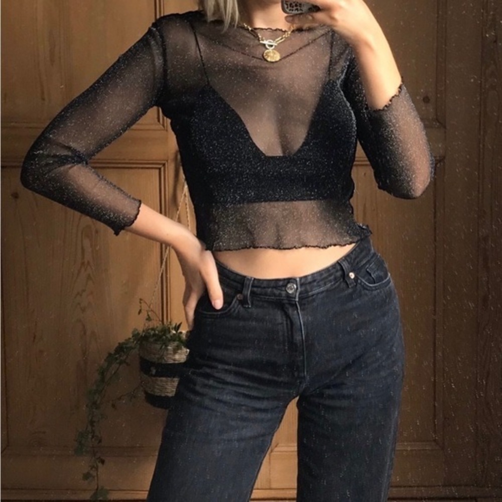 UO Mesh Glitter Long Sleeve Top